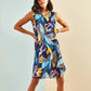 Multi-patterned V-neck Dress - Navy Blue
